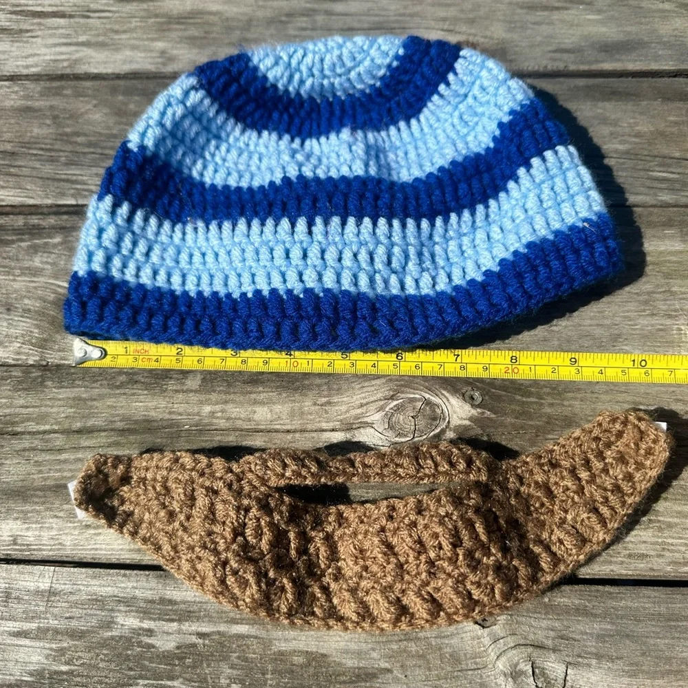 Crochet Blue Striped Kid’s winter hat with removable beard/mustache combo